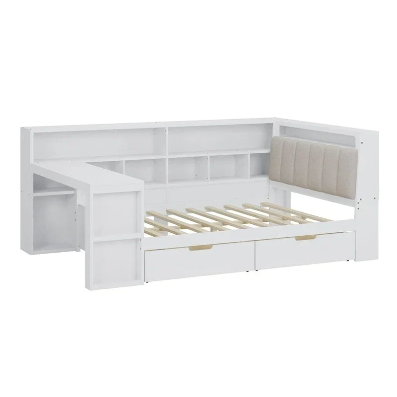 L-förmiges Holz-Sofa-Tagesbett mit Schreibtisch, Bücherregal-Schrank, Eckbett mit Schubladen unter dem Bett, gepolstertem Kopfteil und integrierter Beleuchtung