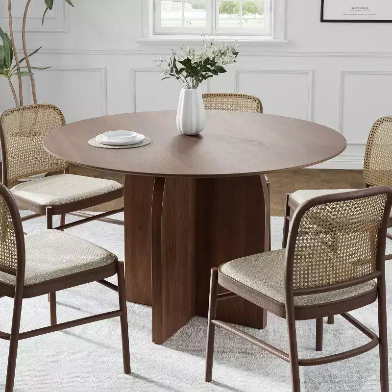 PexFix runder Esstisch aus Massivholz, 45 x 45, mit Walnuss-Finish und eleganten Bogenbeinen für moderne Esszimmer und Küchen