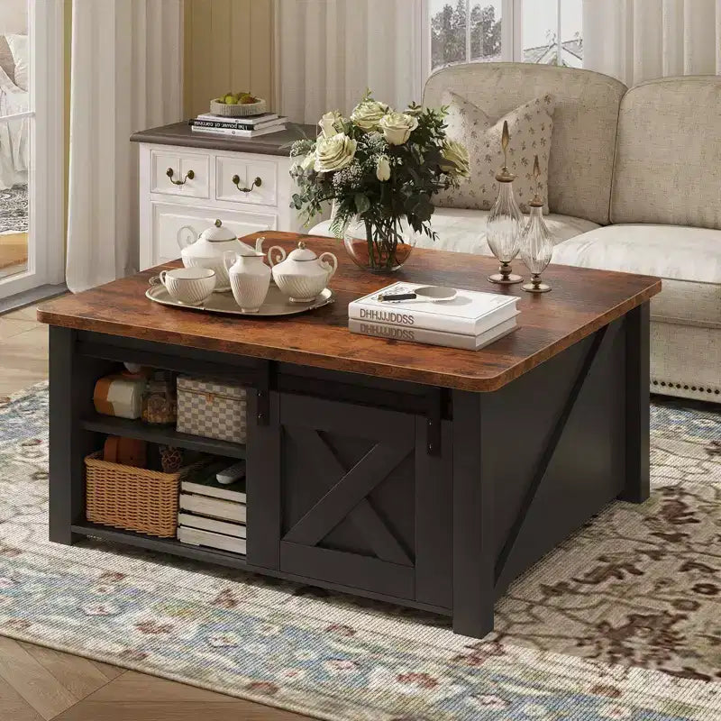 JIONJOY salontafel van 31,5 inch met opklapbaar blad en grote verborgen opbergruimte, verstelbare planken, vierkante landelijke salontafel voor de woonkamer en kleine ruimtes