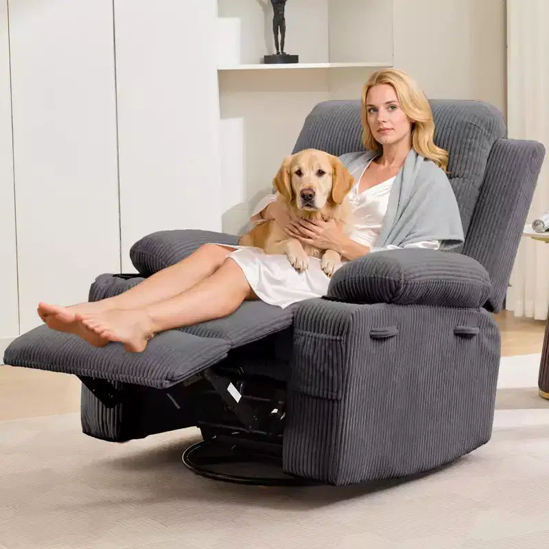 Sillón reclinable mecedor giratorio de 360° extragrande con masaje y calor: silla ergonómica de descanso con portavasos y bolsillos laterales para la sala de estar o el dormitorio infantil