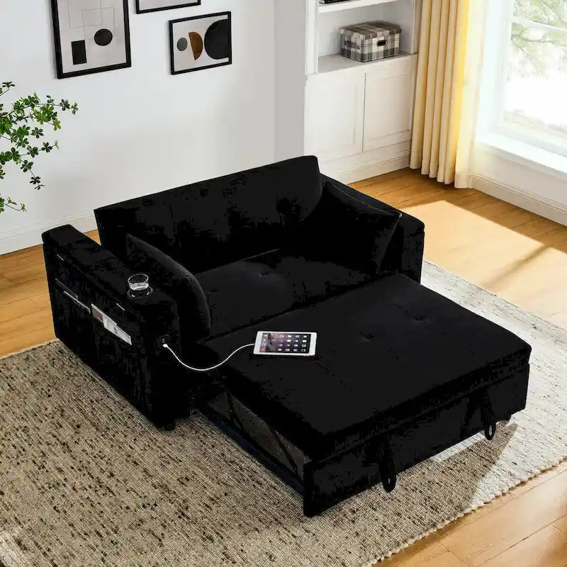 Sofa rozkładana 54, 2-osobowa sofa z funkcją spania i rozkładanymi fotelami, schowkiem, poduszką lędźwiową i gniazdem USB