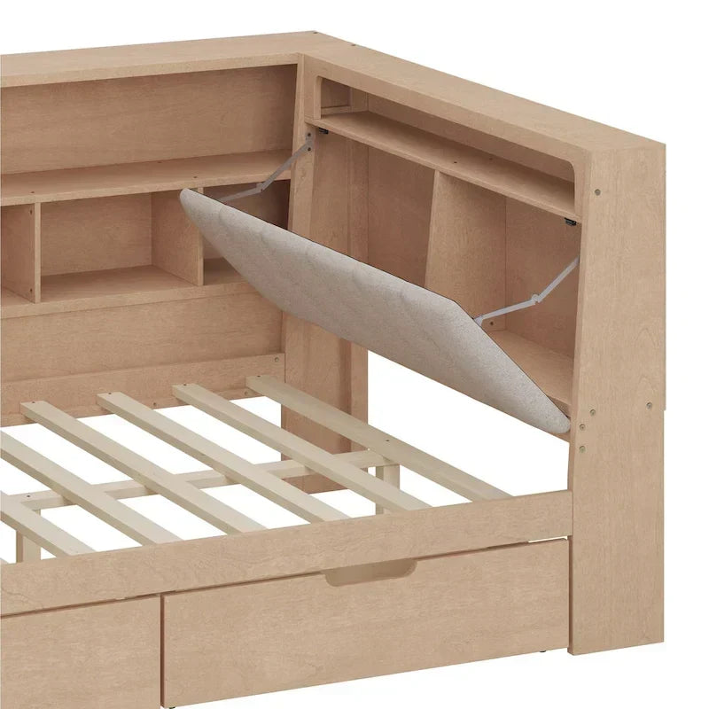 L-förmiges Holz-Sofa-Tagesbett mit Schreibtisch, Bücherregal-Schrank, Eckbett mit Schubladen unter dem Bett, gepolstertem Kopfteil und integrierter Beleuchtung