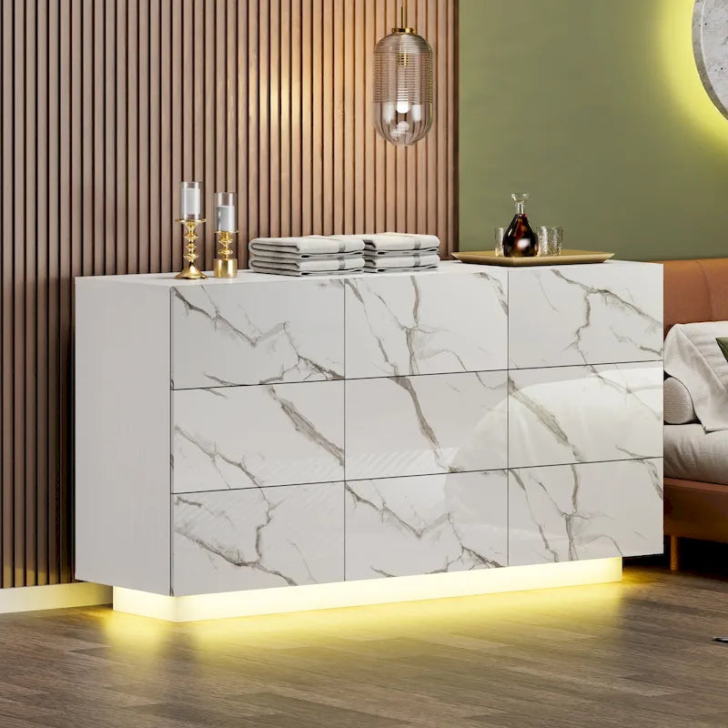 Meuble de rangement et commode à 9 tiroirs, armoire colonne organisatrice pour chambre avec éclairage