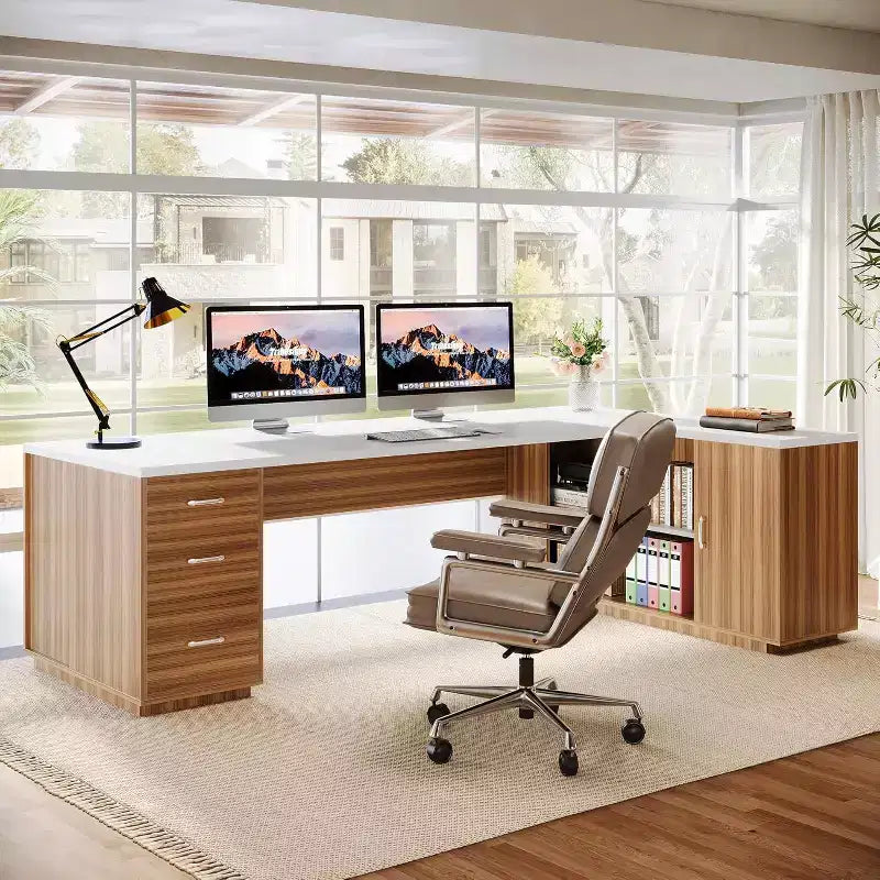Lantine 85.8 L-Shaped Executive Desk, Extra Large Office Computer Desk with File Drawers for Home Office
