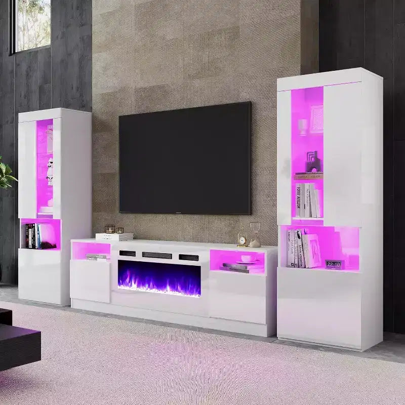 AMERLIFE Modern Highgloss Fireplace Entertainment Center Set