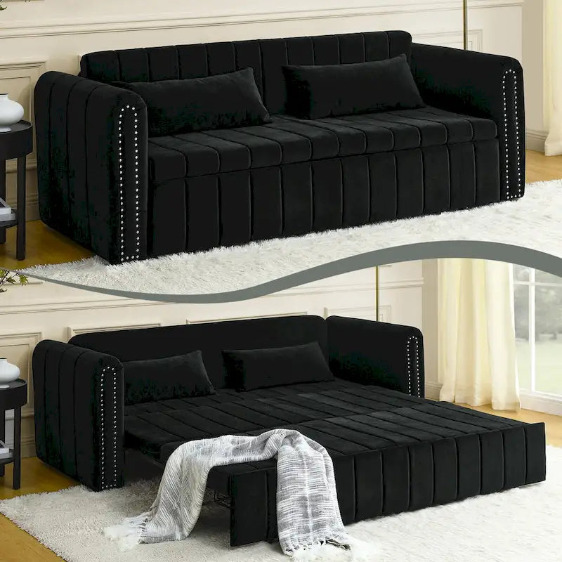 Canapé-lit lounge convertible moderne en velours, avec accoudoirs arrondis décorés de clous cuivrés