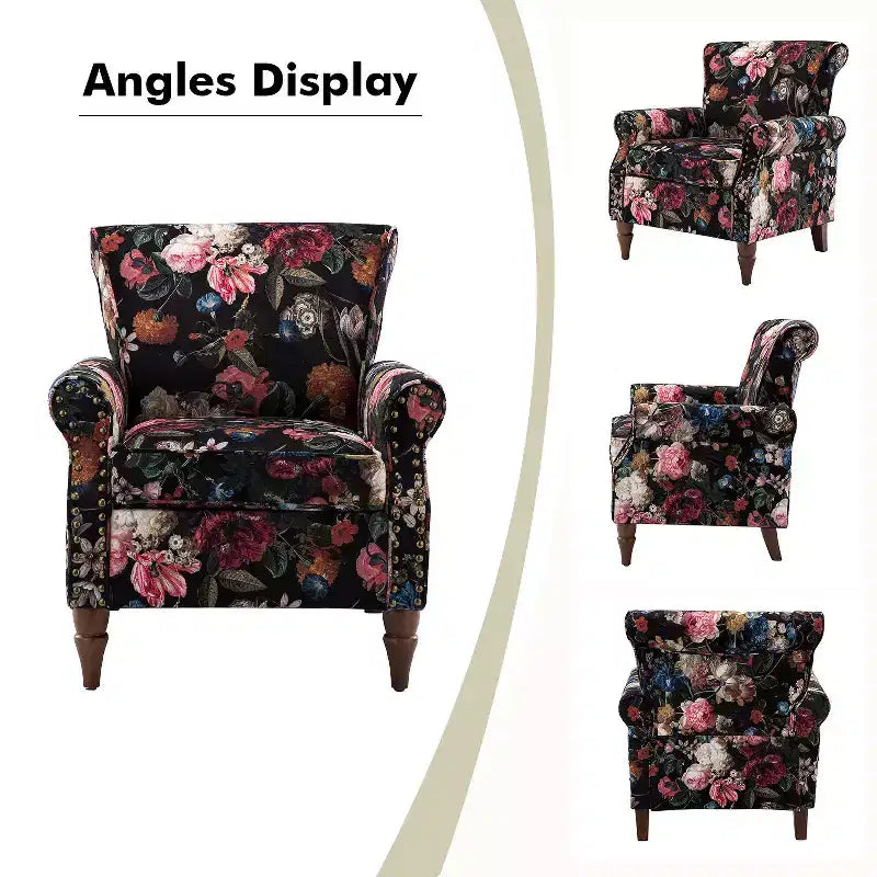 Araceli hagyományos, fából készült, virágmintás kárpitozott szárnyas fotel szegecses díszítéssel| ART OF LIVING DESIGNS