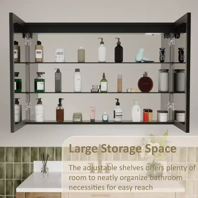 Bathroom Medicine Cabinet with LED Mirror, Surface or Recessed Mount, Dimmable Light, Anti-Fog, Adjustable Shelving