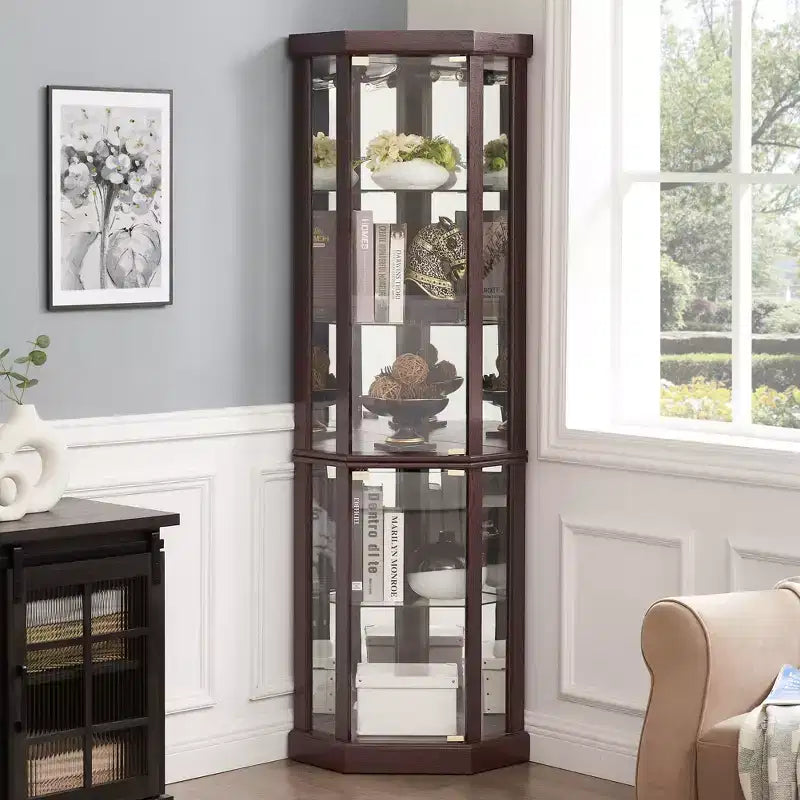 Hoekvitrinekast met glazen deuren en planken, hoekvitrine voor woonkamer