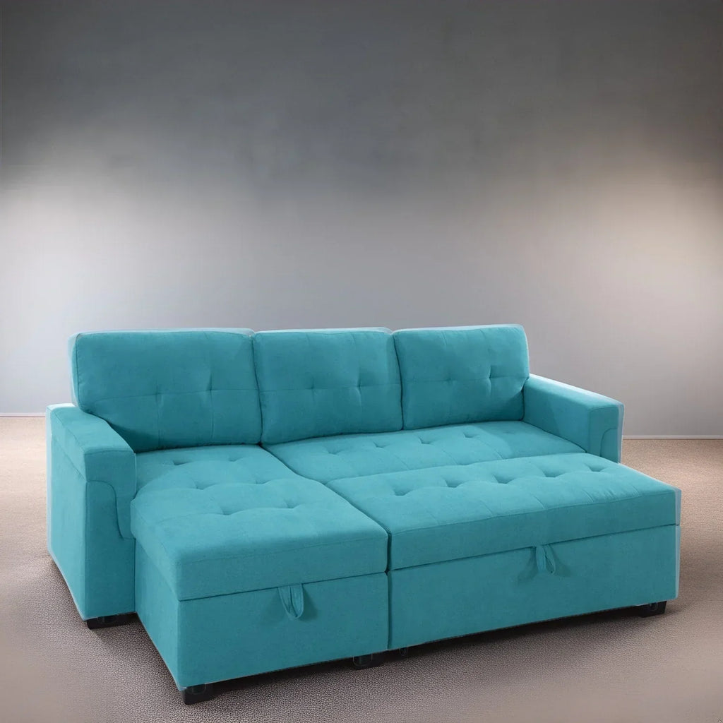 Divano componibile reversibile trasformabile con letto estraibile, chaise longue con contenitore nascosto e gambe resistenti