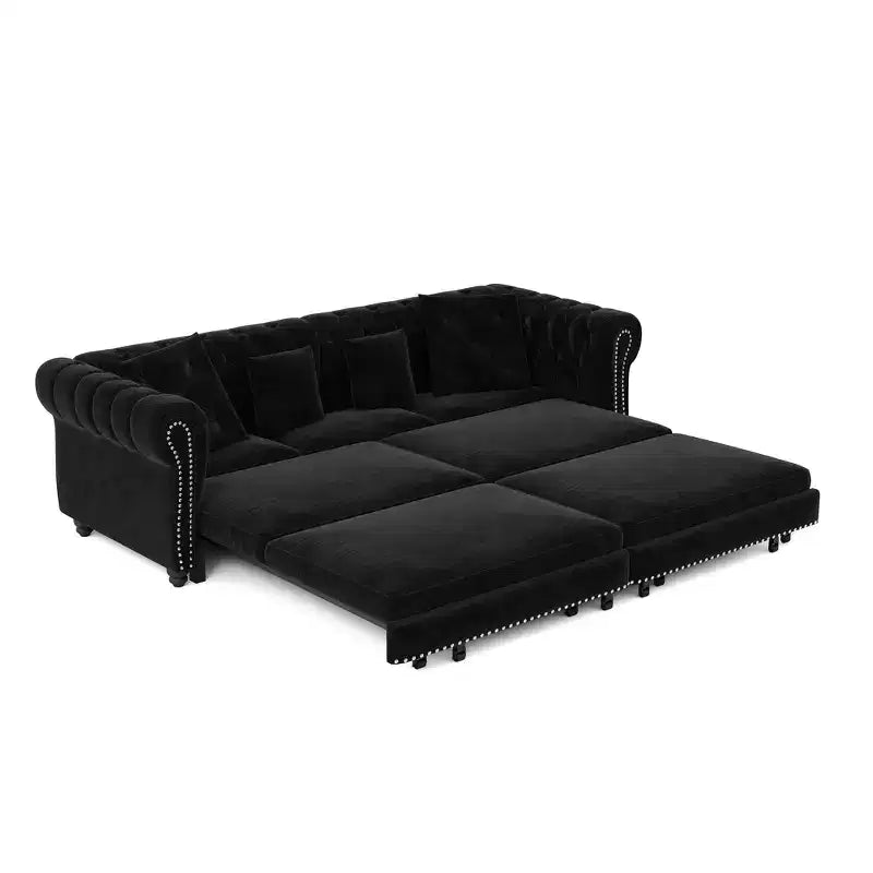 Whisen Samt-Schlafsofa in King-Size mit Ausziehfunktion und 3-in-1-Funktion, wandelbares Schlafsofa mit beweglichem Hocker und Steppdesign