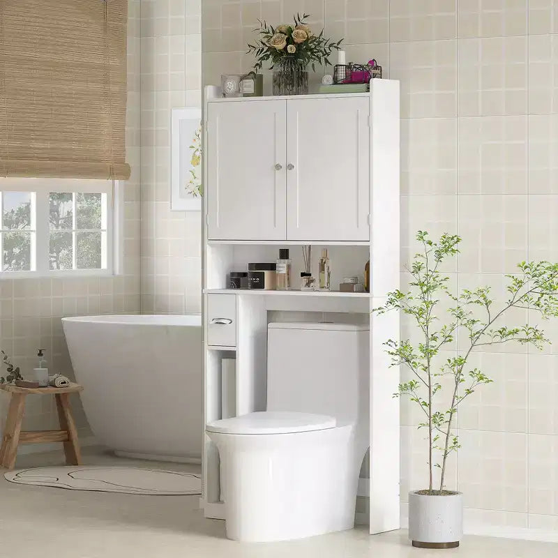 HOMCOM Over the Toilet Storage Cabinet, Modern Above Toilet Bathroom Organizer with 2 Doors, Toilet Paper Holder, Freestanding Space Saver