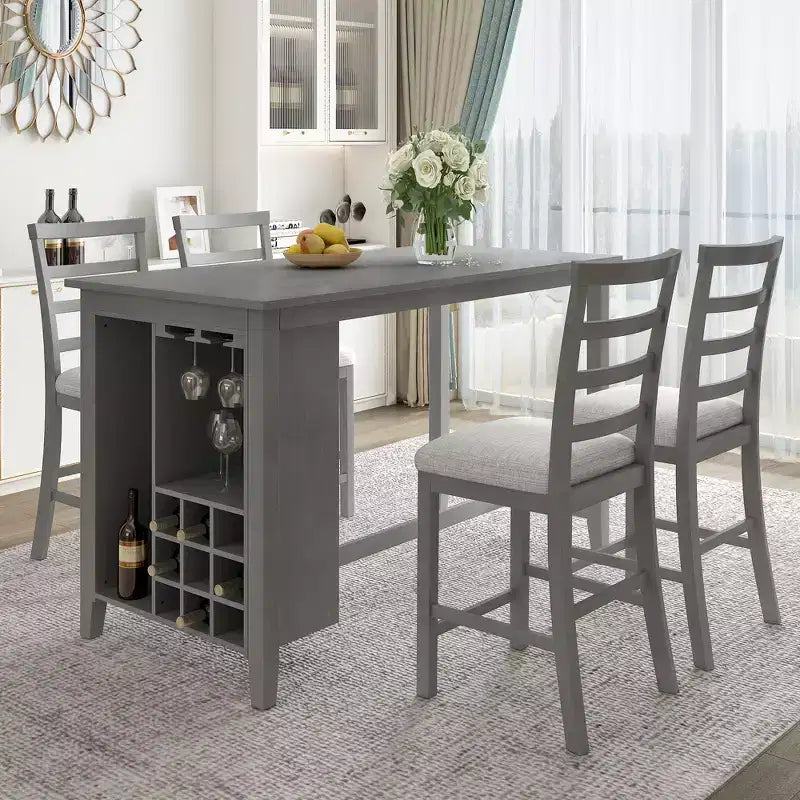 Ensemble de salle à manger de style maison de campagne 5 pièces, hauteur comptoir, avec chaises pour 4 personnes, table rectangulaire en bois avec étagères de rangement et compartiment pour bouteilles de vin