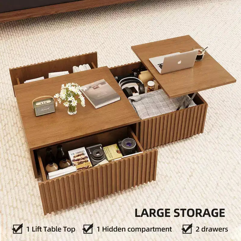51,1 moderner Couchtisch im Mid-Century-Stil mit aufklappbarer Tischplatte, rechteckiger Walnuss-Mitteltisch für das Wohnzimmer
