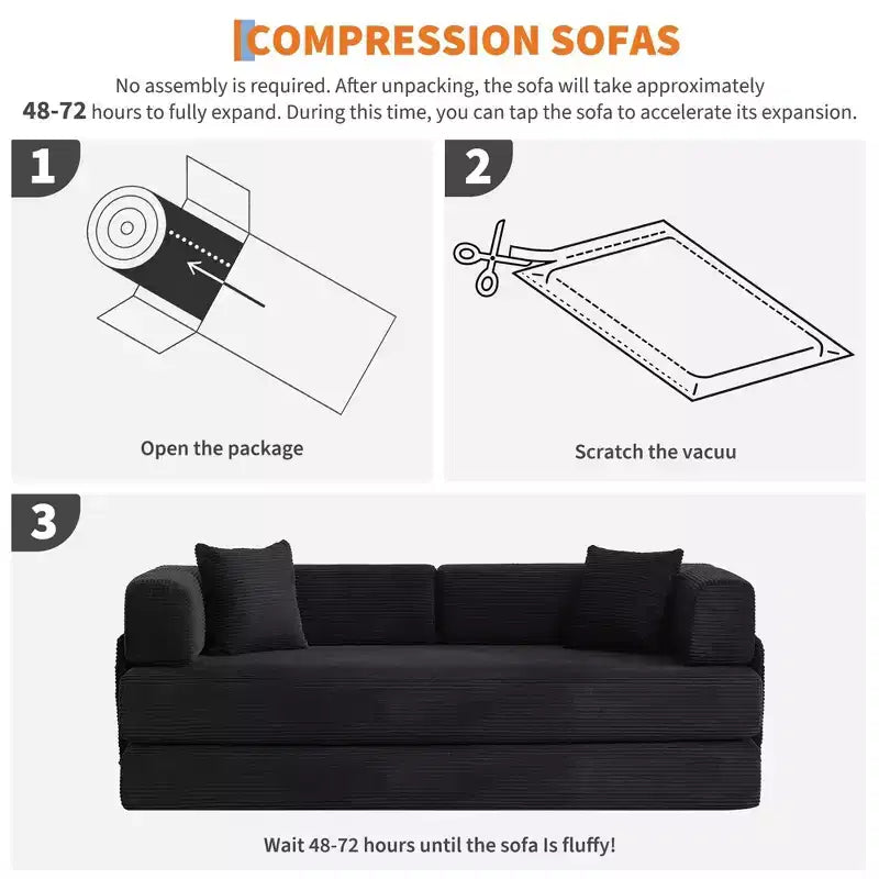 Divano letto, materasso pieghevole 5-in-1 da 78,8 pollici, divanetto, struttura fissa in acciaio, velluto a coste con cuscini