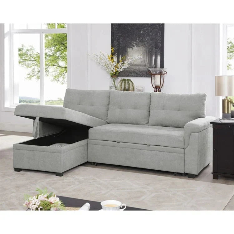 Divano componibile reversibile trasformabile con letto estraibile, chaise longue con contenitore nascosto e gambe resistenti