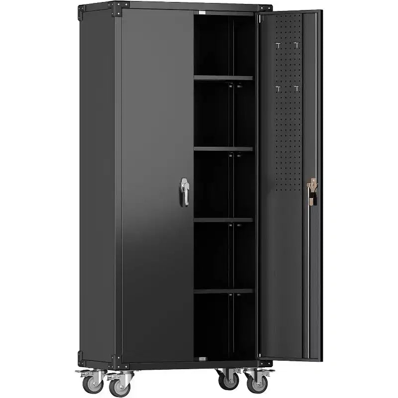 Garage Storage Cabinet with Wheels & Pegboard, 72 H Locking Metal Storage Cabinet with 2 Doors & 4 Adjustable Shelves for Garage Workshop