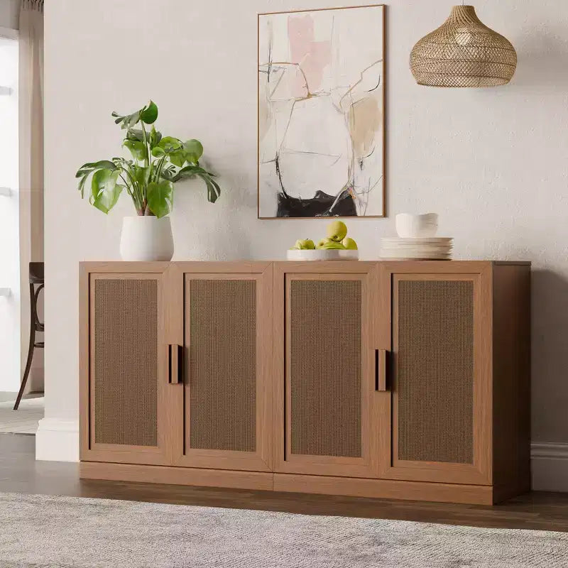 Set da 3 credenze contenitore con ante in rattan e ripiani regolabili - 93Lx31H