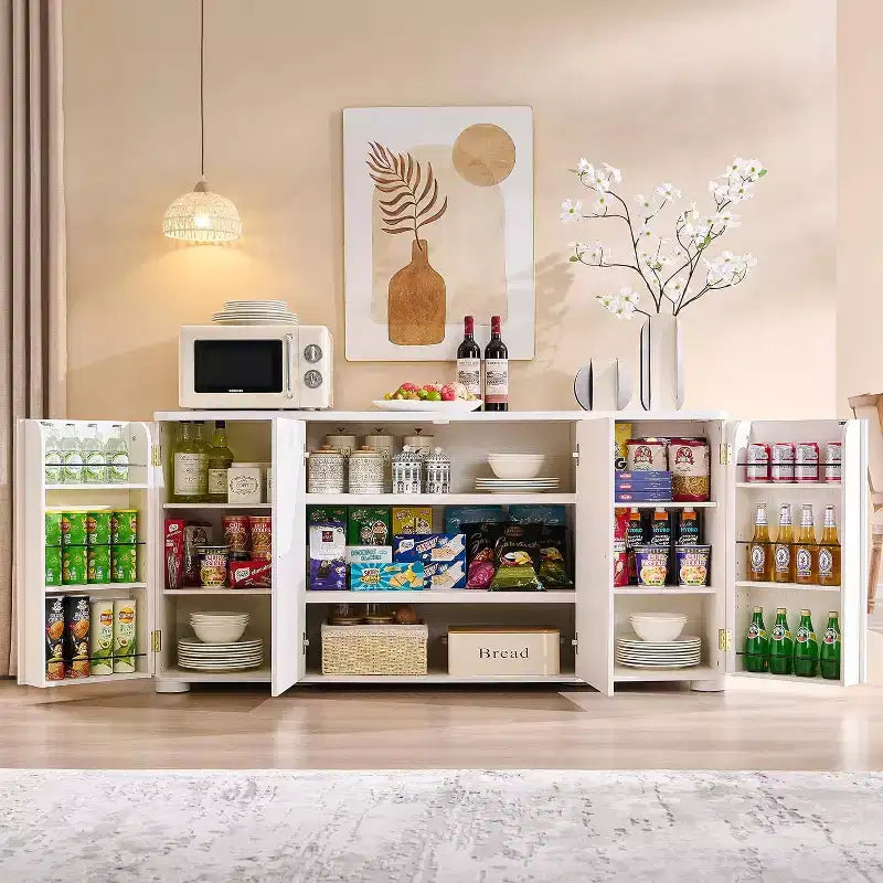 Kitchen Buffet Sideboard Cabinet with 4 Doors and Shelves, Modern Large Sideboard Buffet Storage Cabinet, 66 Coffee Bar Storage Cabinet