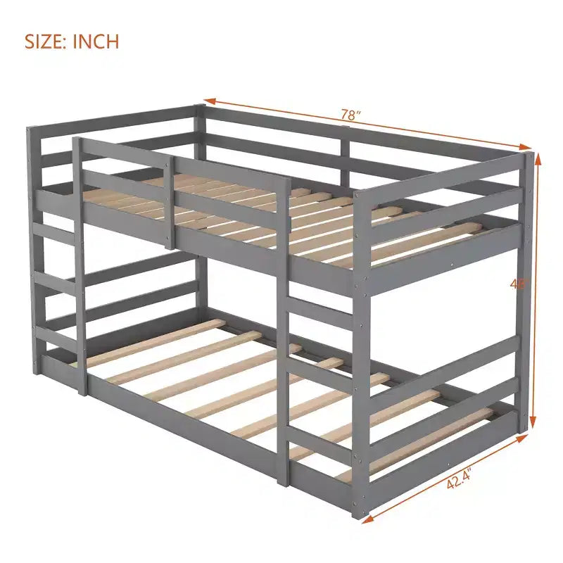 Low Bunk Bed , Wooden Floor Bunk Bed with Ladder, Bunk Bed with Full Guardrails