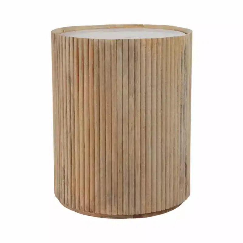 Decorative Ribbed Wooden Side Table with Marble Top and Storage - Small Home Decor Table Stand for Bedroom or Living Room Decor