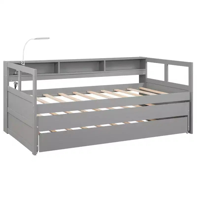 Whisen Twin XL Wood Daybed with 2 Trundles, 3 Storage Cubbies, 1 Light for Free and USB Charging Design