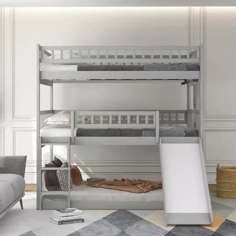 Stapelbed voor drie personen, full-over-full, met ombouwbare ladder en glijbaan, driepersoonsbed met valbeveiliging, wit/grijs/espresso - ModernLuxe