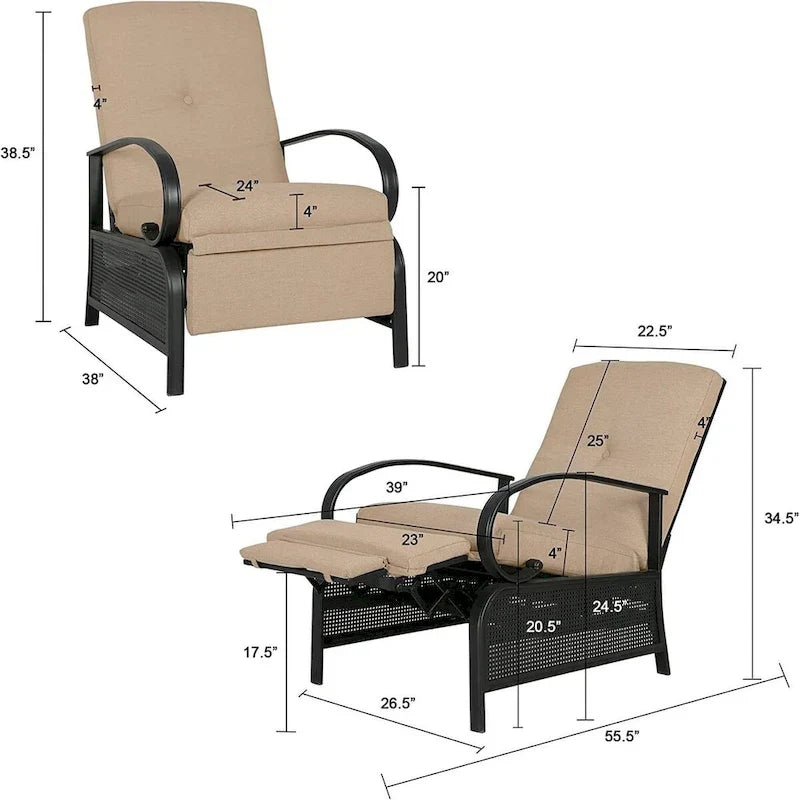 Verstellbarer Relaxsessel für Terrasse, Lounge-Sofa mit Kissen – 38 (T) × 26,5 (B) × 38,5 (H) Zoll