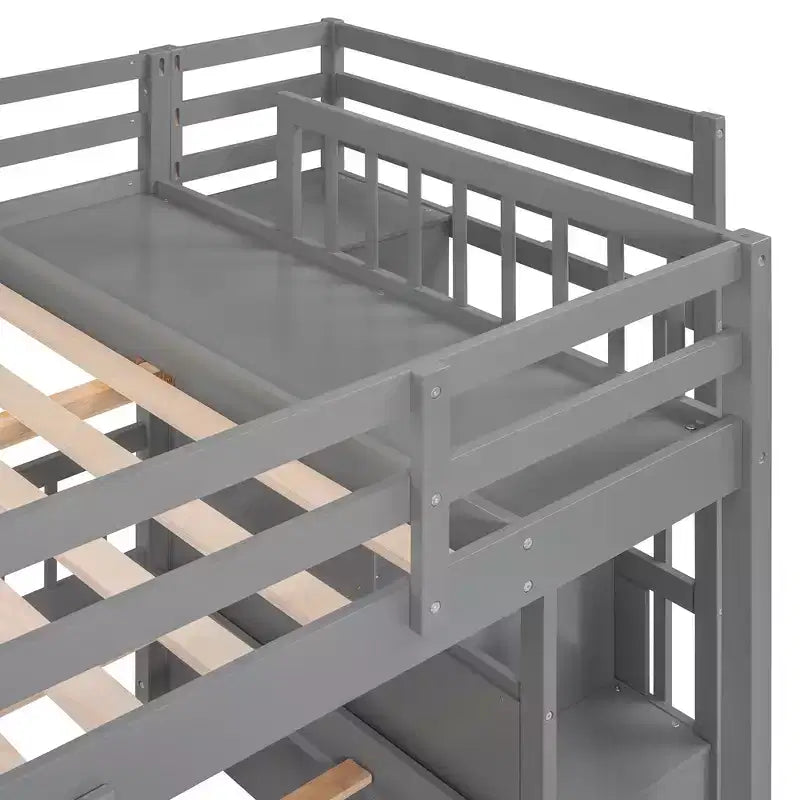 Whisen Full Over Twin & Twin Bunk Bed, Wood Triple Bunk Bed with Drawers and Guardrails