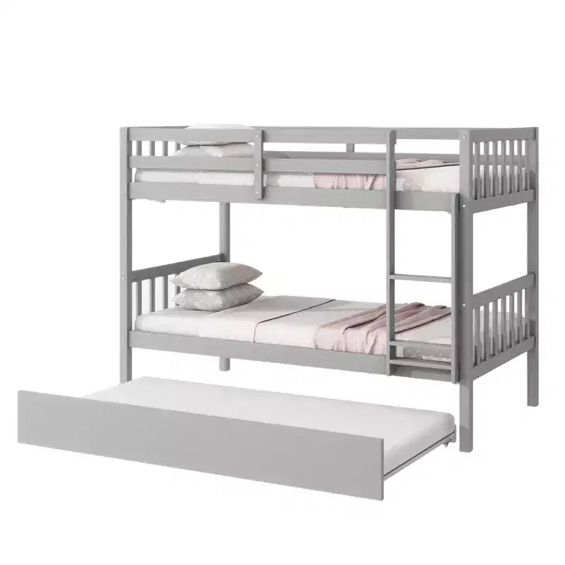 Twin Over Twin Modern Wood Bunk Bed with Trundle, Convertible into 2 Beds