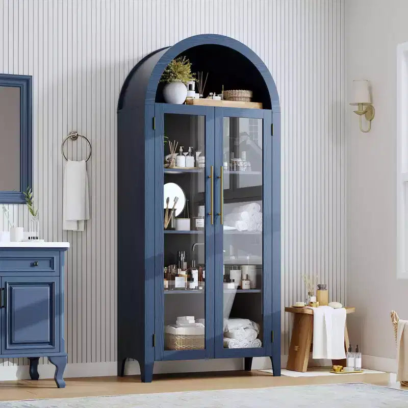 Mobiletto contenitore alto ad arco con ante in vetro, libreria espositiva a 5 ripiani con mensole regolabili per cucina o soggiorno
