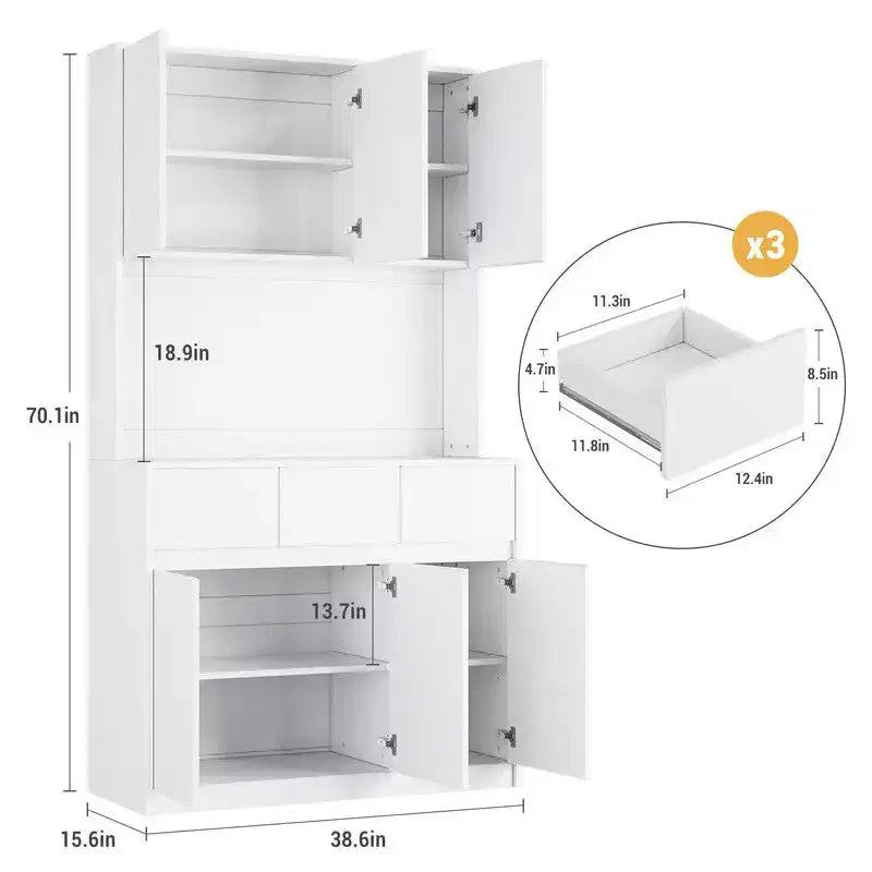 71 inch Kitchen Pantry Cabinet, Hutch Storage with Led Lights and Power Outlets, Buffet Cabinet with Microwave Stand, Adjustable Shelves