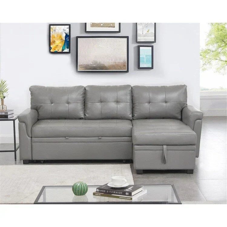 Divano componibile reversibile trasformabile con letto estraibile, chaise longue con contenitore nascosto e gambe resistenti