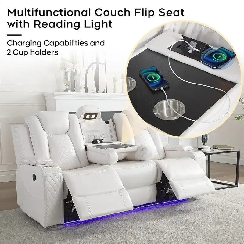 Power Reclining Sofa with Wireless Charger,Reading Light for Living Room,Faux Leather LED Light,AC/USB Port,Cup Holder,Black