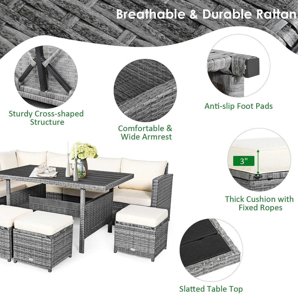 Costway 7-delige eethoek voor de patio van rotan, modulaire bank, fauteuil en voetenbank - Bekijk de details