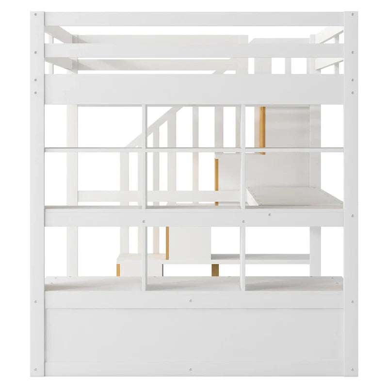 Natural+White Full Solid Wood Loft Bed with Desk & Drawers