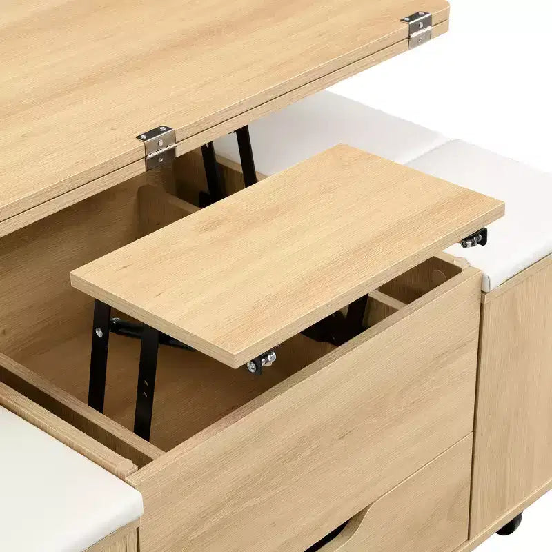 Table basse moderne multifonctionnelle relevable avec rangement dissimulé, 4 tabourets et roulettes, idéale pour les espaces de vie modernes