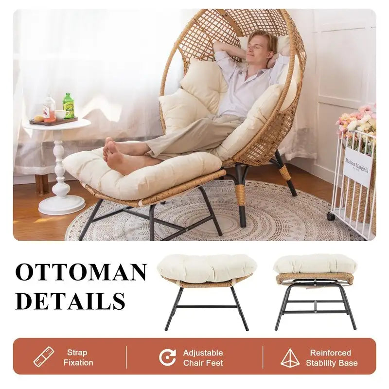FINCATI Indoor Eggs Chair, 440 lbs Egg Chair Outdoor, Oversized Egg Chair with Ottoman, Luxury Cozy Egg Chair with Foot Rest