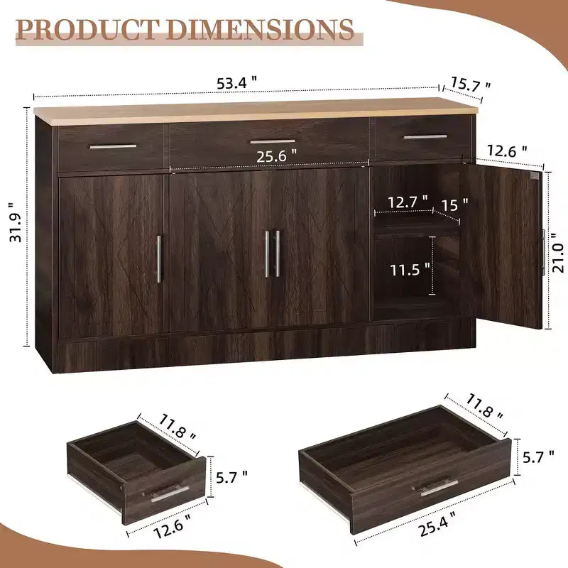 Celebalcony Buffet-Schrank mit Stauraum, 53,4 Zoll großer Küchenschrank mit 3 Schubladen und 4 Türen, verstellbarem Einlegeboden für Küche und Wohnzimmer