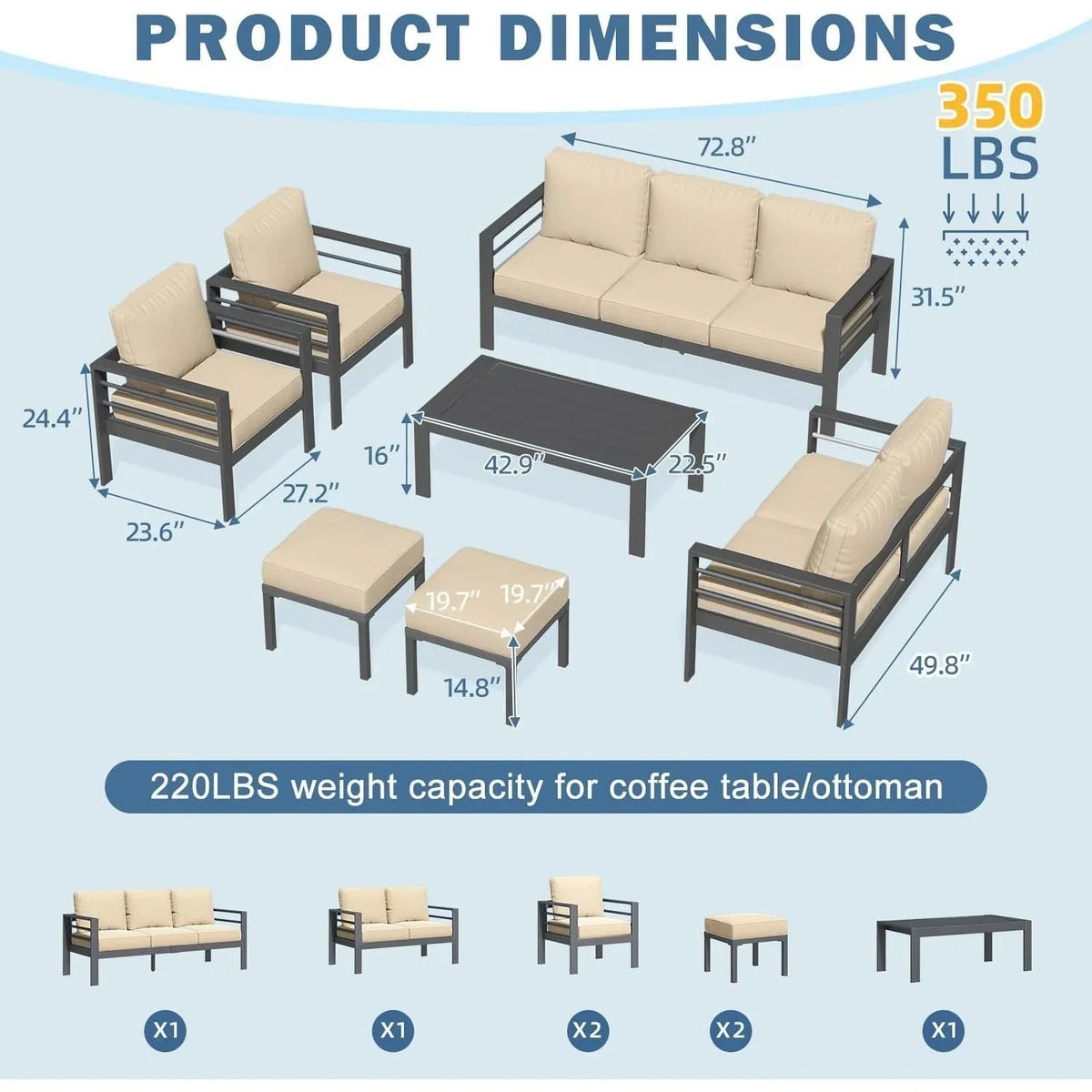 AECOJOY 7 Pieces Aluminum Patio Furniture Set Outdoor Conversation Set