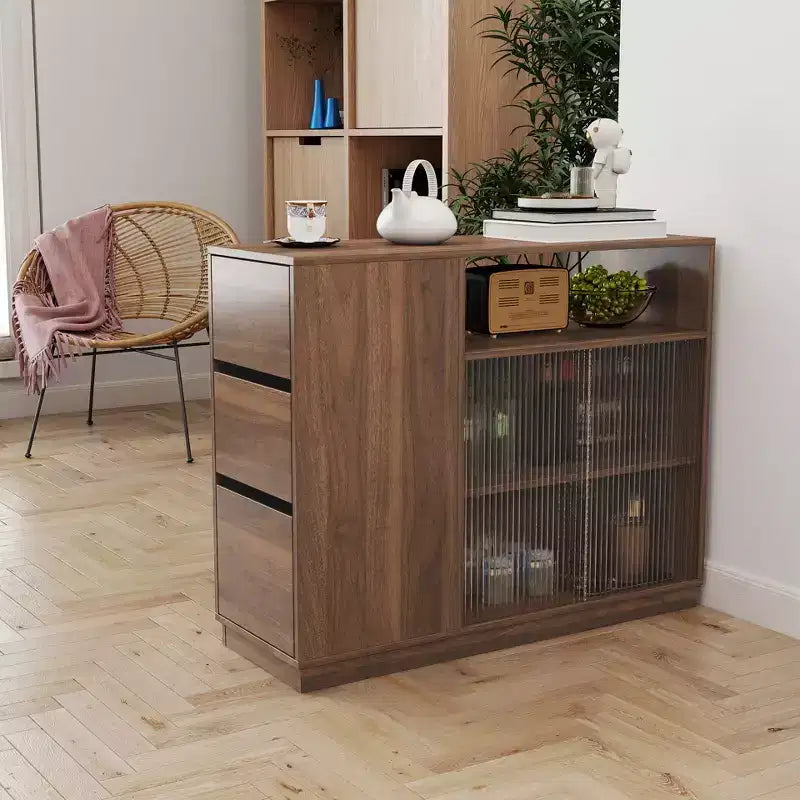 GDFStudio Hikaru Modern Sideboard Buffet Cabinet with Sliding Glass Doors and Drawers