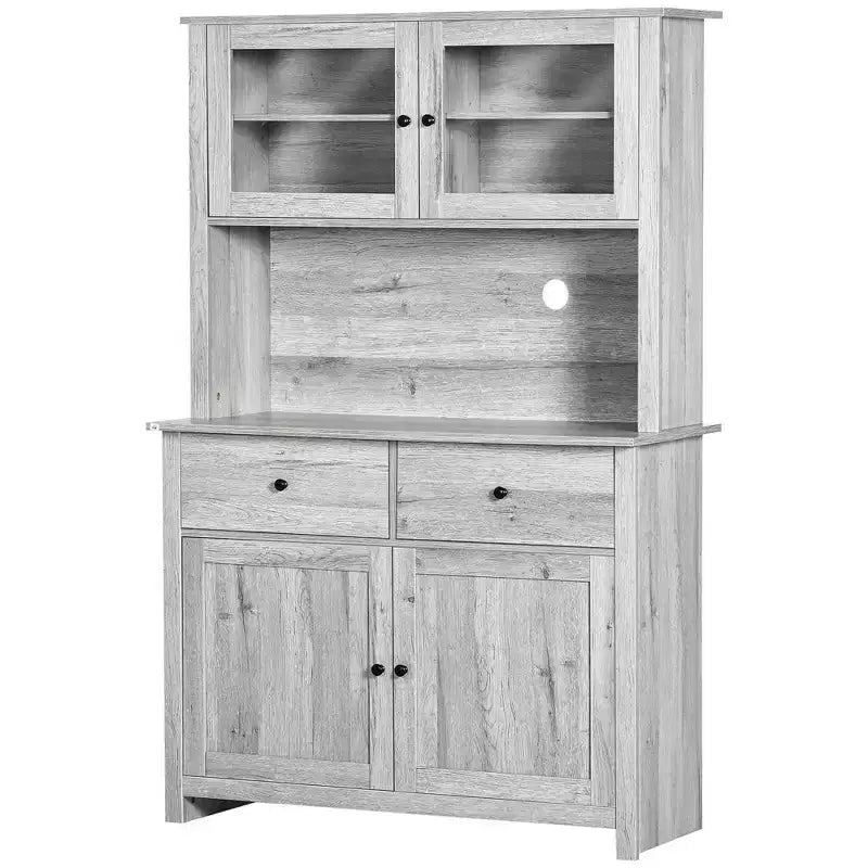 HOMCOM 63.5 Kitchen Buffet with Hutch, Pantry Storage Cabinet with 4 Shelves, Drawers, Framed Glass Doors, Open Microwave Countertop