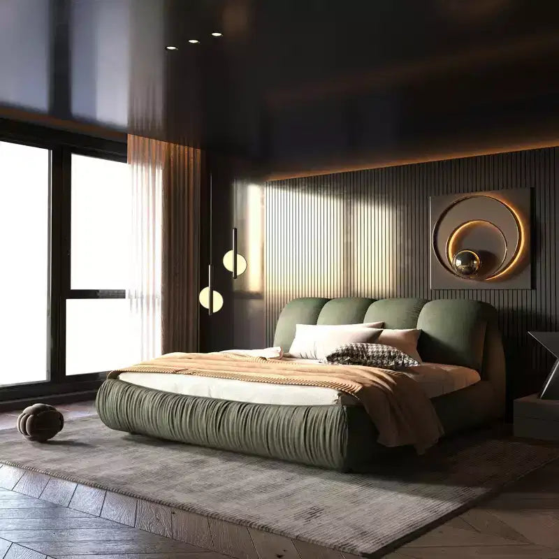 MAYEERTY luxuriöses Polsterbett in Queensize mit übergroßem gepolstertem Kopfteil und Massivholzrahmen, Grün