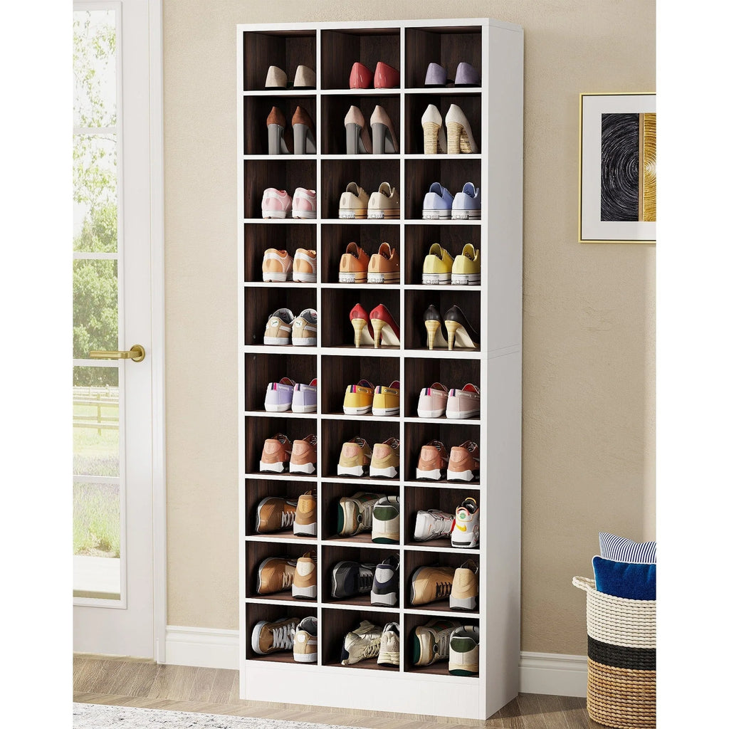 Hoge schoenenkast voor 30 paar schoenen, 10 etages, wit houten schoenenrek voor kledingkast en hal - 10 etages