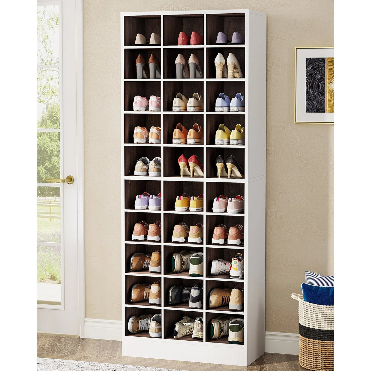 Hoge schoenenkast voor 30 paar schoenen, 10 etages, wit houten schoenenrek voor kledingkast en hal - 10 etages