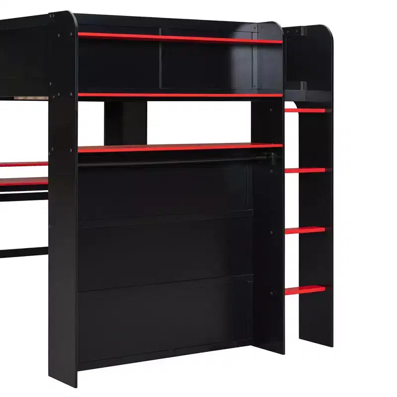 Letto a soppalco Luxystar matrimoniale con scrivania regolabile illuminata, guardaroba aperto e libreria