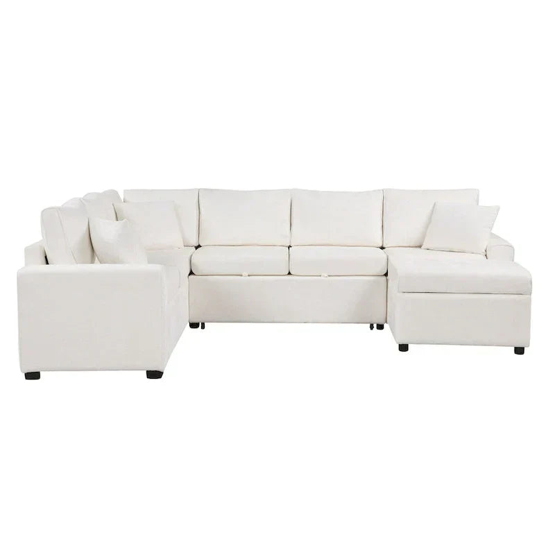 Chenille Sectional Sofa Pull-out Sofa Bed, L-Shape Sleeper Sofa with Storage Ottoman, 3 Pillows and Charging Devices