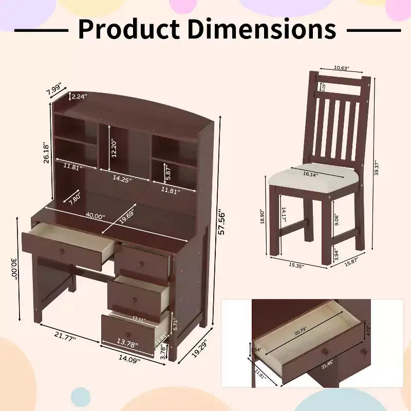 Escritorio de computadora de madera para oficina en casa Okak, con escritorio/silla y estantería, escritorio de estudio y escritura con almacenamiento para adolescentes y estudiantes