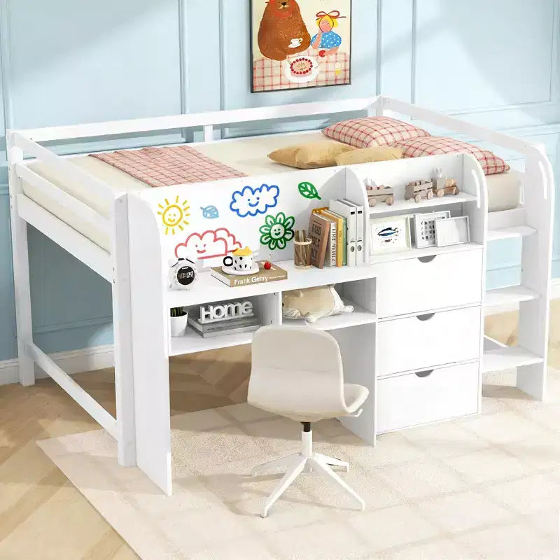 Roze/wit laag halfhoogslaper met bureau, opbergruimte en whiteboard – eenpersoonsbed, voor 1 persoon