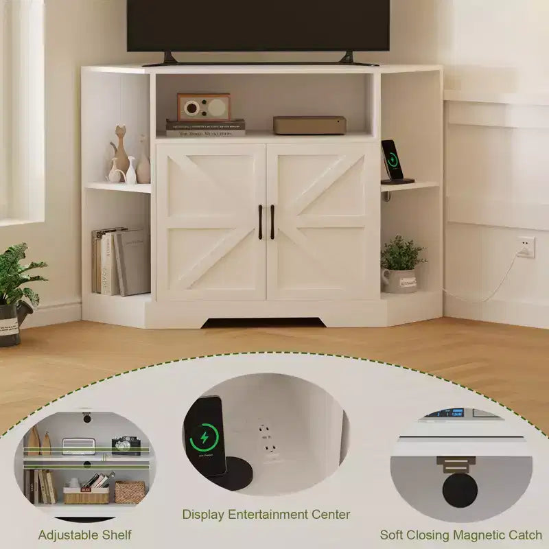 Mueble de TV de esquina para televisores de hasta 55 pulgadas, consola multimedia estilo granja con puerta de granero, estantes abiertos y gabinete de almacenamiento, blanco
